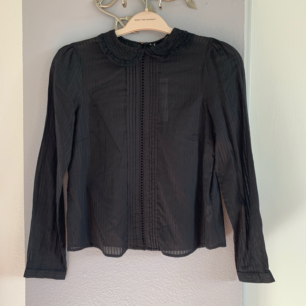 Zara Black Peter Pan Collar Chiffon Long-Sleeve Blouse